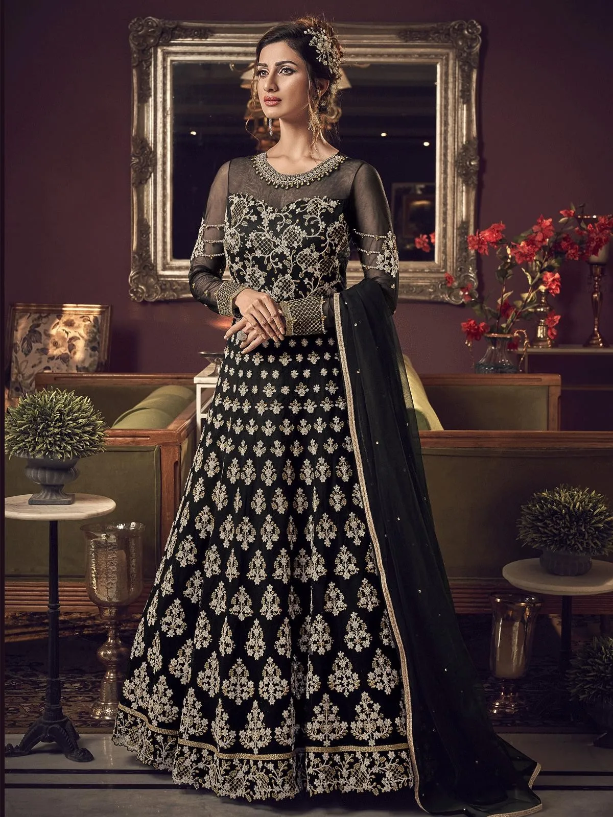 Black Embroidered Traditional Anarkali Suit