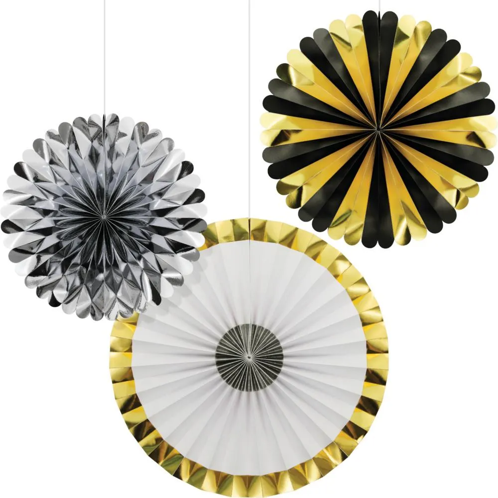 Black, Gold, Silver Foil Paper Fans 16", 12", 10" (3/Pkg)