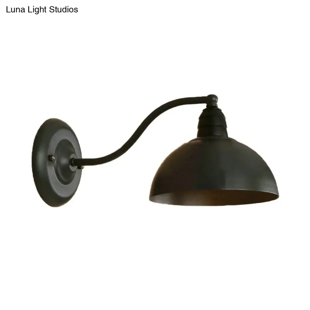 Black Retro Wall Sconce with Domed Metallic Shade and Curved Arm