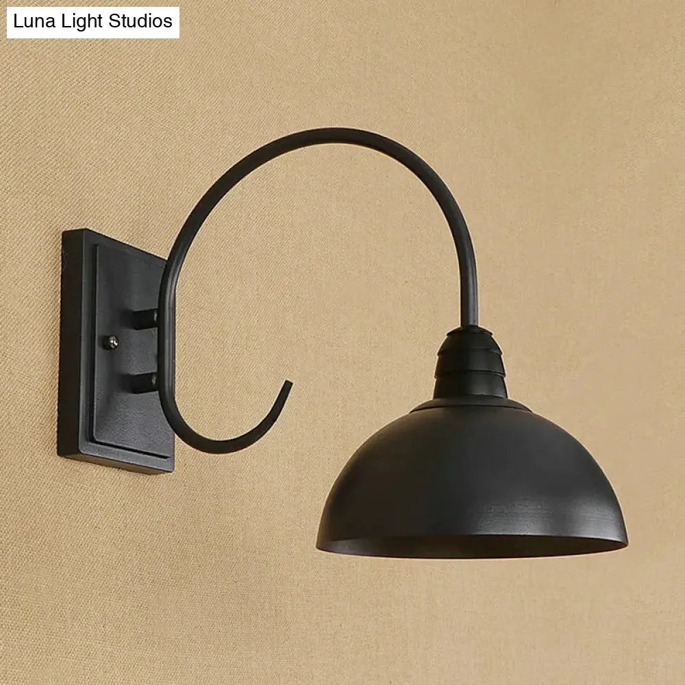 Black Retro Wall Sconce with Domed Metallic Shade and Curved Arm