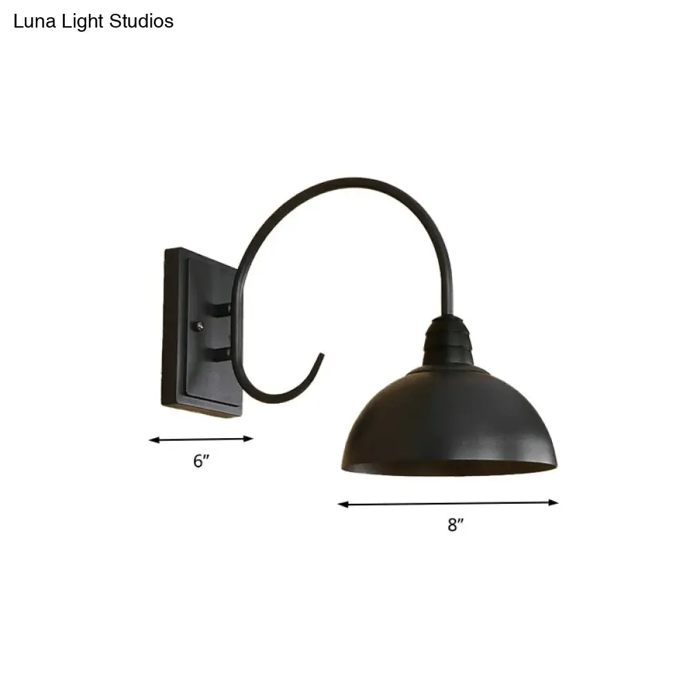 Black Retro Wall Sconce with Domed Metallic Shade and Curved Arm