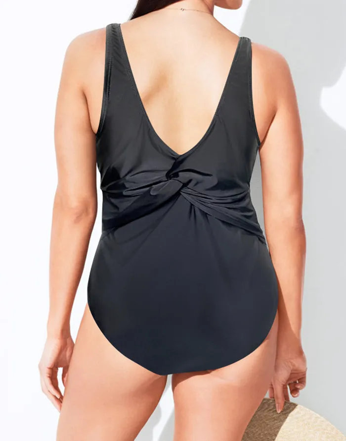 Black Ruched V-Neck One Piece Swimsuit