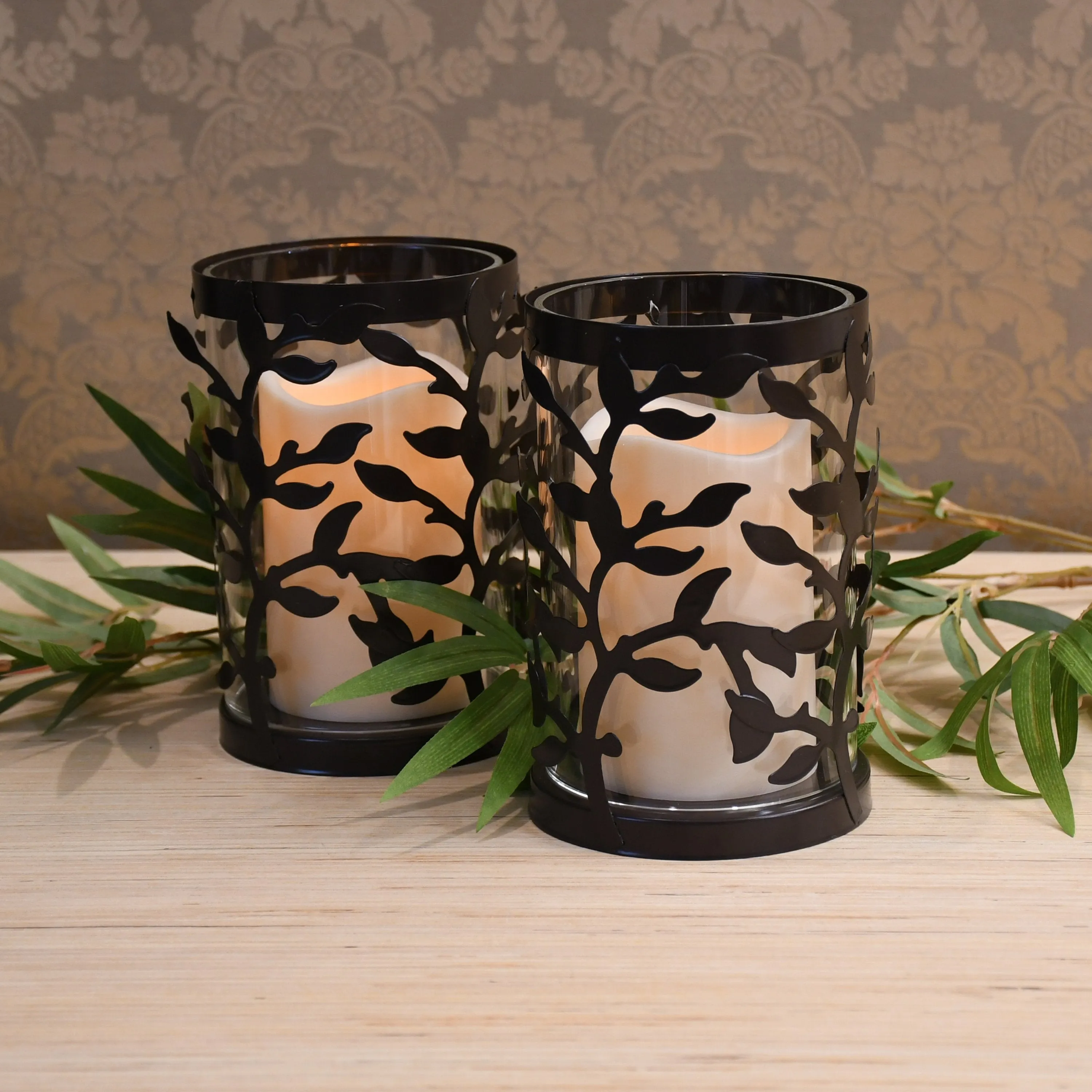 Black Vine Hurricanes with LED Candles