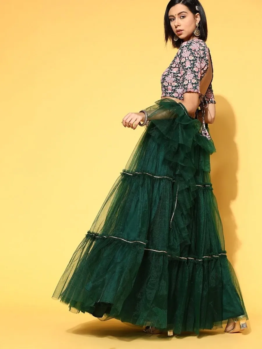 Bottle Green Net Lehenga with Blouse and Dupatta