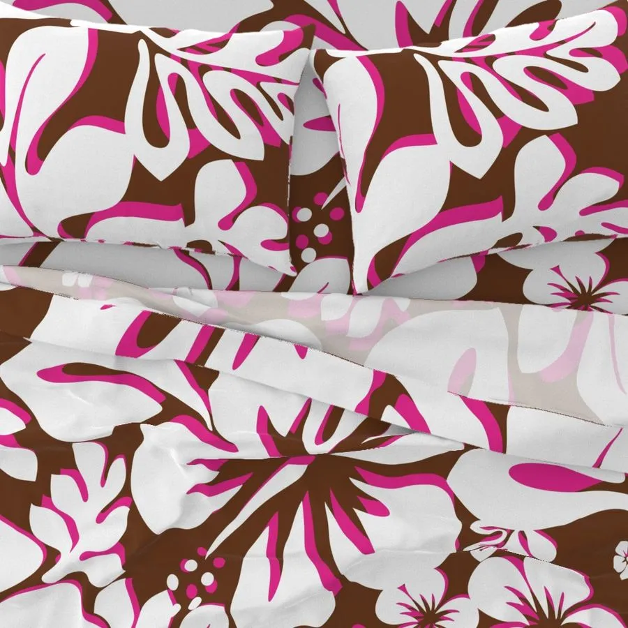 Chocolate Brown, Surfer Girl Pink and White Hawaiian Flowers Sheet Set from Surfer Bedding™️ Large Scale