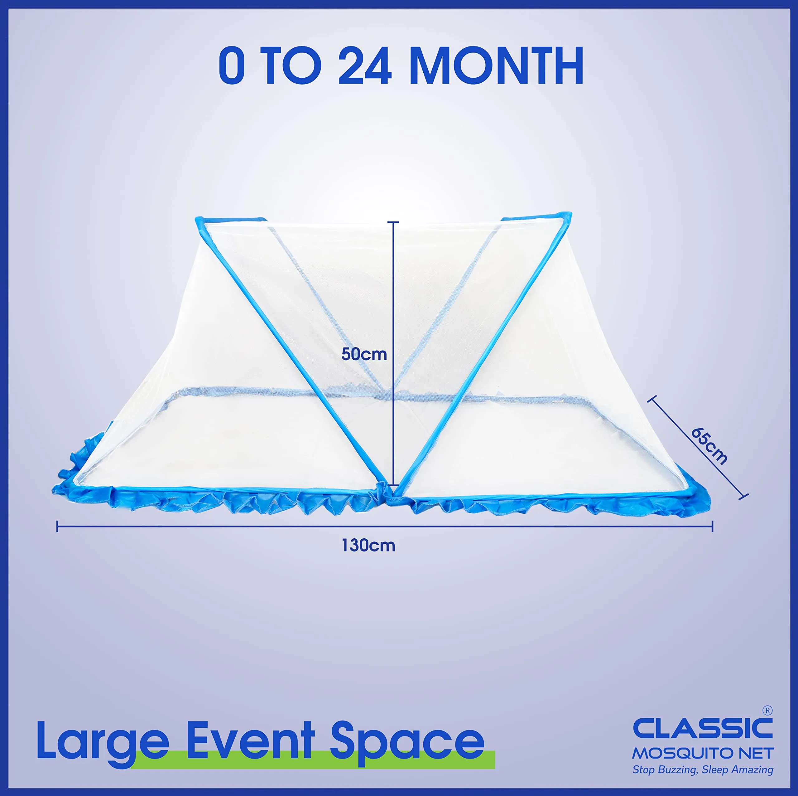 Classic Mosquito Net for Baby|Portable, Foldable, Bottomless for Infants|Easy to Use |Size 130 X 65 X 50 cms for Babies & Toddlers 0-24 Month - Blue