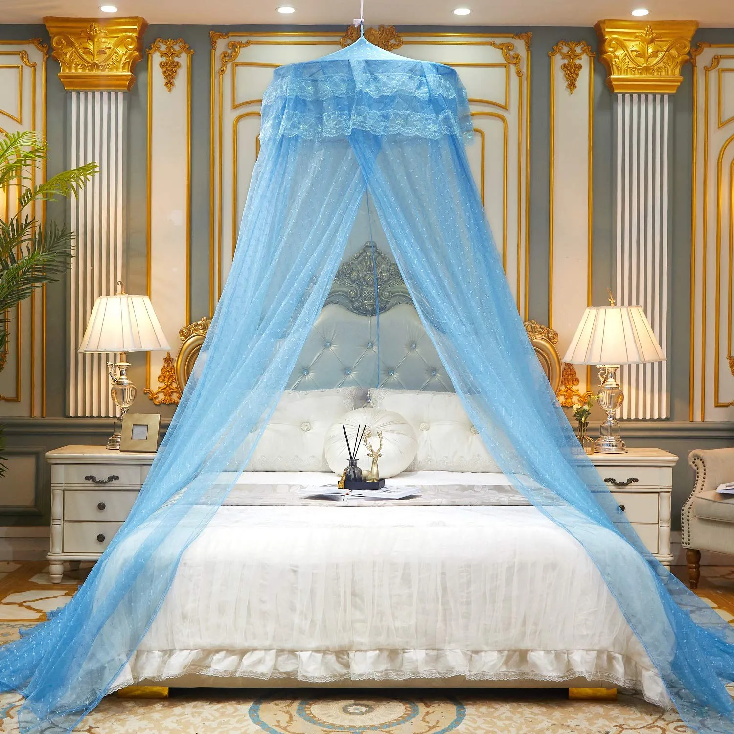 Classic Mosquito Net for Hanging Double Bed | King Size Embroidery Machardani | Polyester 30GSM Strong Net | Canopy Tent for Bedrooom -Blue