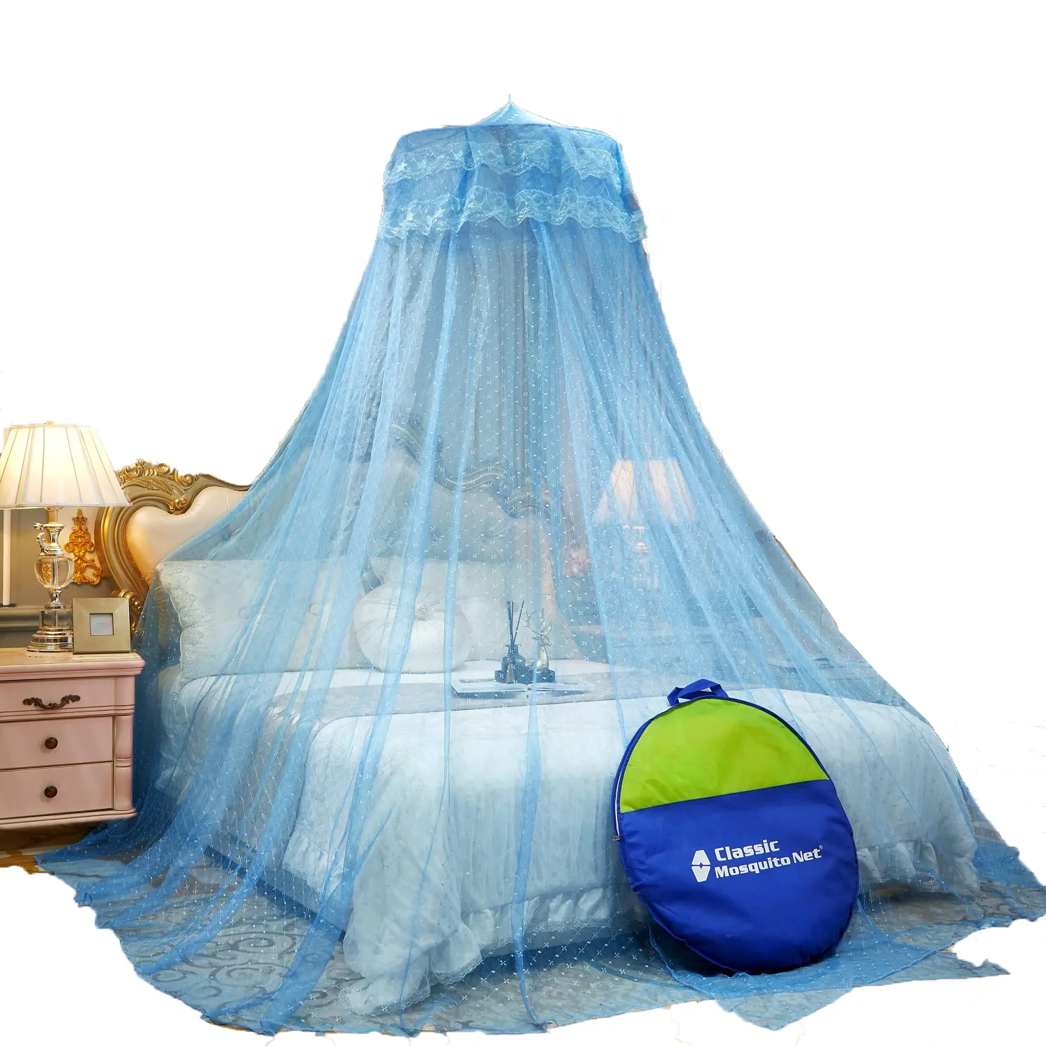 Classic Mosquito Net for Hanging Double Bed | King Size Embroidery Machardani | Polyester 30GSM Strong Net | Canopy Tent for Bedrooom -Blue