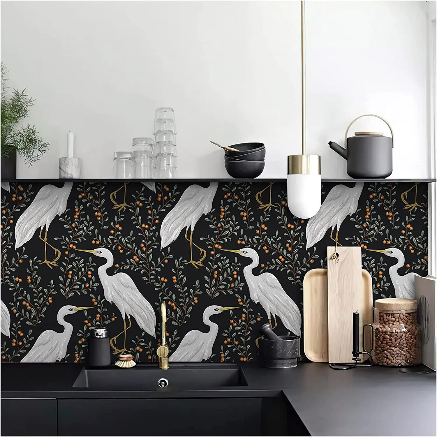 Classical Crane Peel and Stick Wallpaper Forest  17.7in x 118in