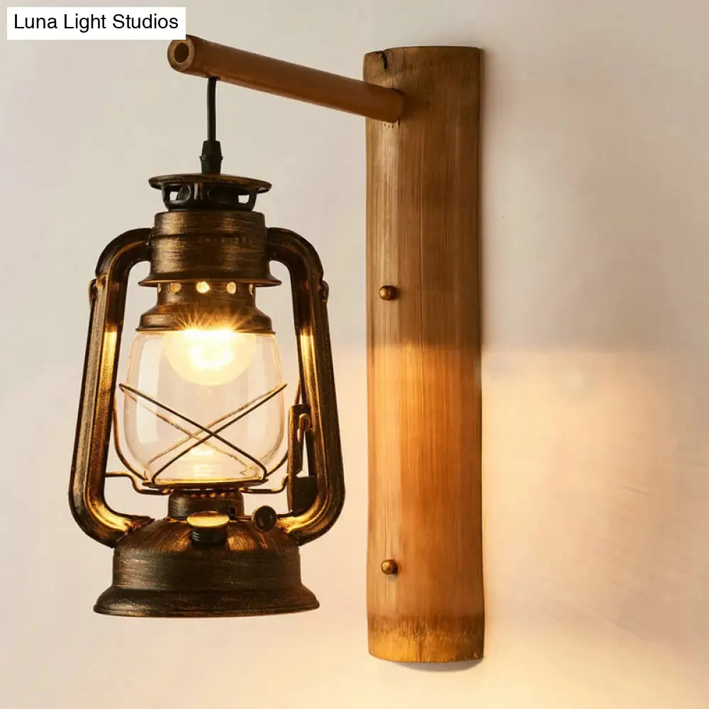 Coastal Lantern 1-Head Wall Light Sconce with Clear Glass and Bamboo Backplate