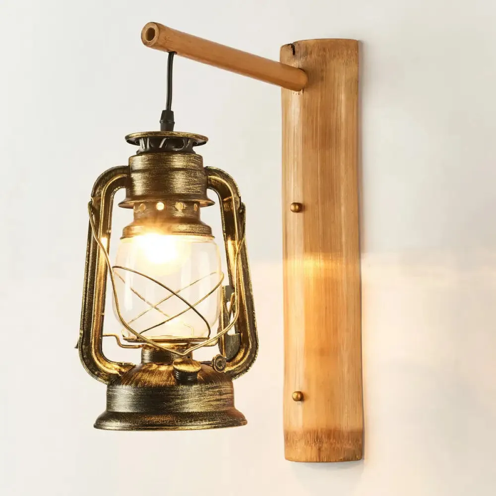 Coastal Lantern 1-Head Wall Light Sconce with Clear Glass and Bamboo Backplate