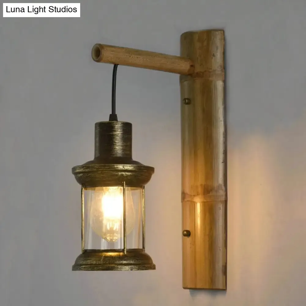 Coastal Lantern 1-Head Wall Light Sconce with Clear Glass and Bamboo Backplate