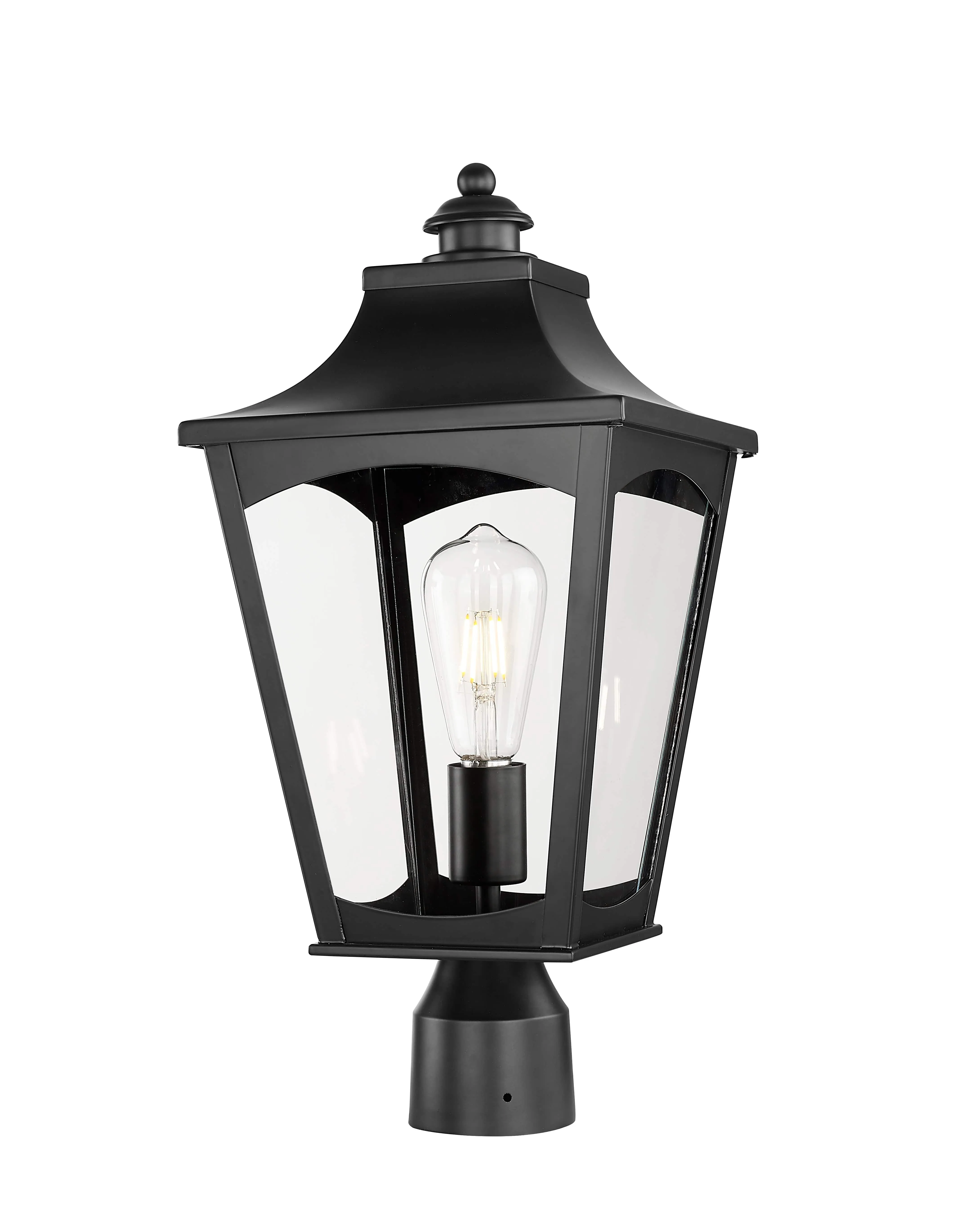 Curry Outdoor Post Top Lantern - Powder Coated Black - Clear Glass - 9in. Diameter - E26 Medium Base