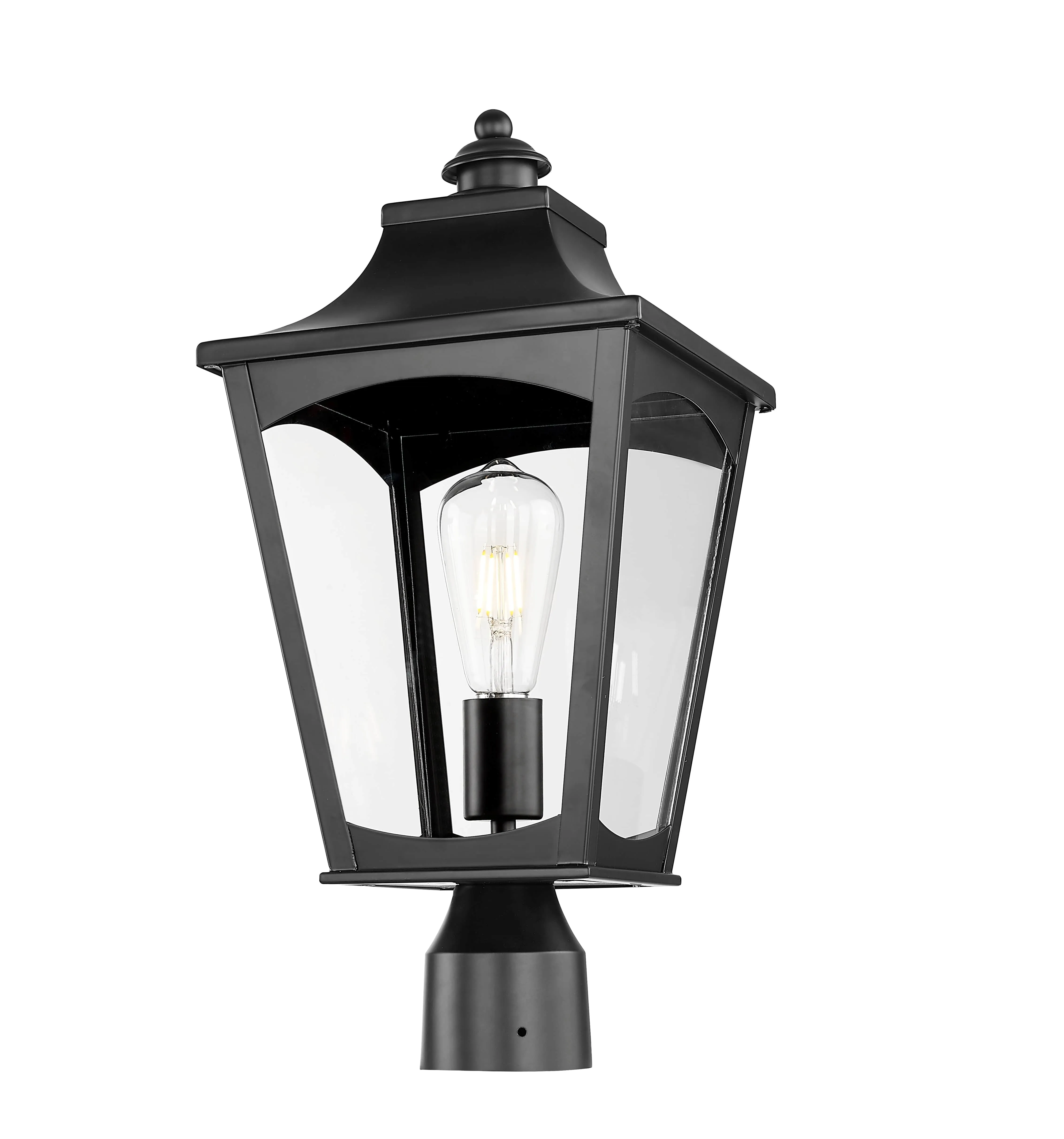 Curry Outdoor Post Top Lantern - Powder Coated Black - Clear Glass - 9in. Diameter - E26 Medium Base