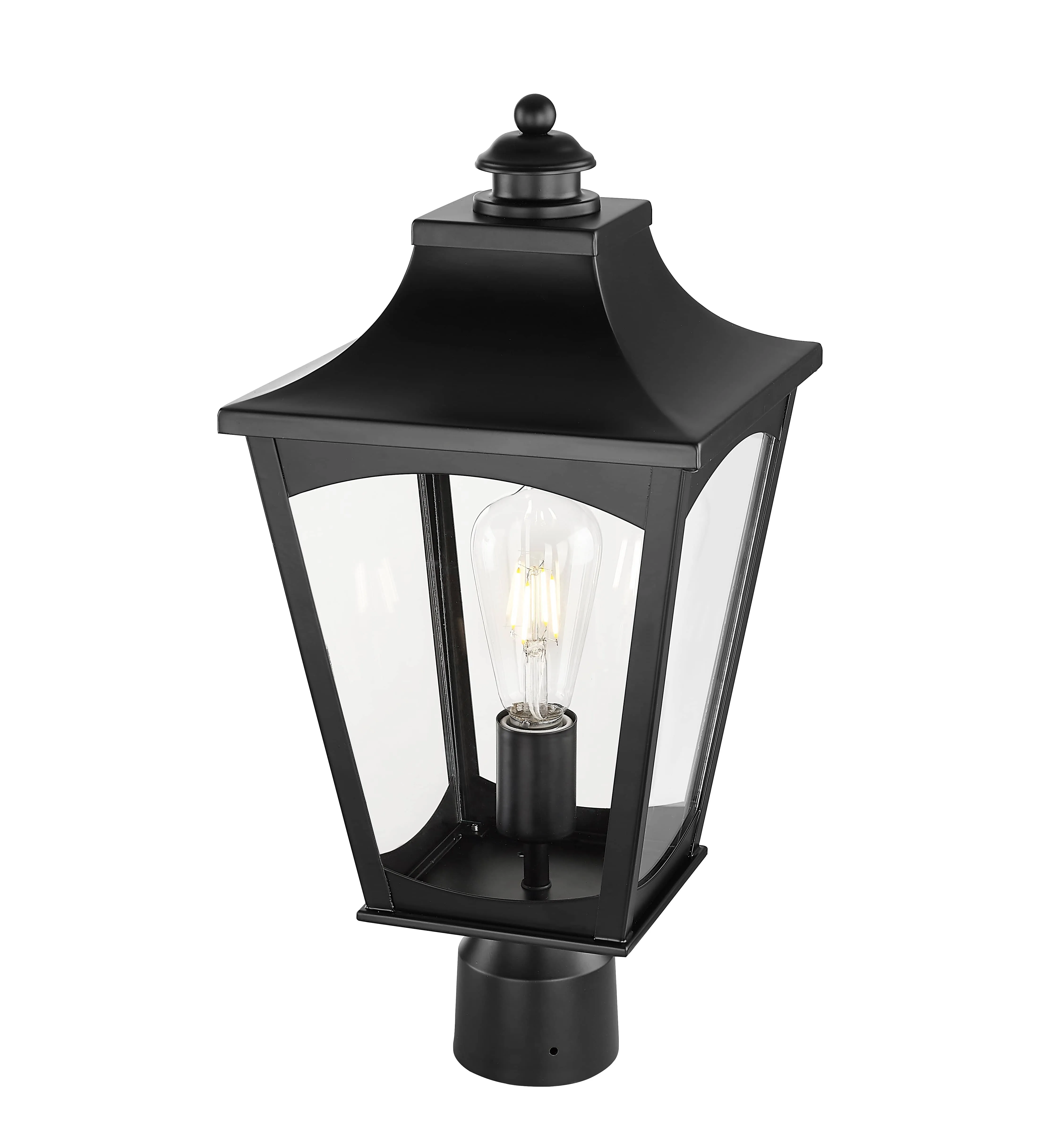 Curry Outdoor Post Top Lantern - Powder Coated Black - Clear Glass - 9in. Diameter - E26 Medium Base