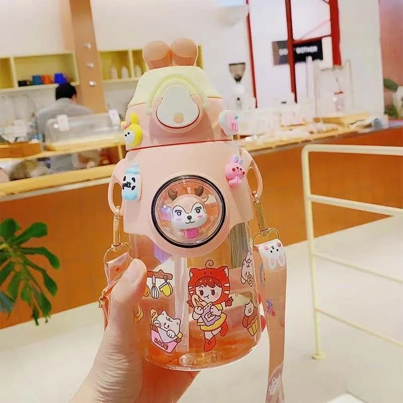 Cute Rabbit Plastic Water Bottle for Kids with Portable Strap