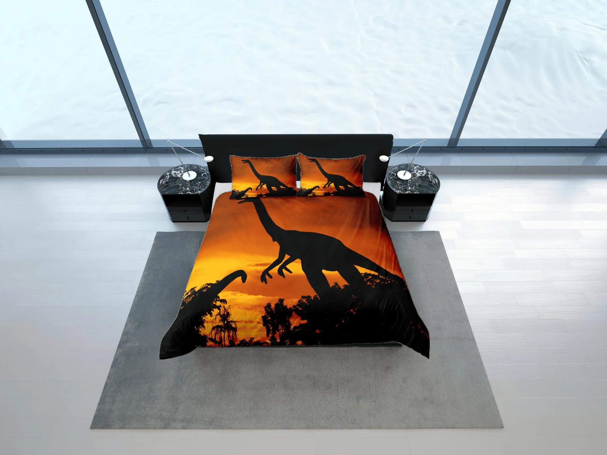 Diplodocus dinosaur orange bedding, adult duvet cover, dorm bedding, teen boys bedding set full, animal duvet cover set, dinosaur gift