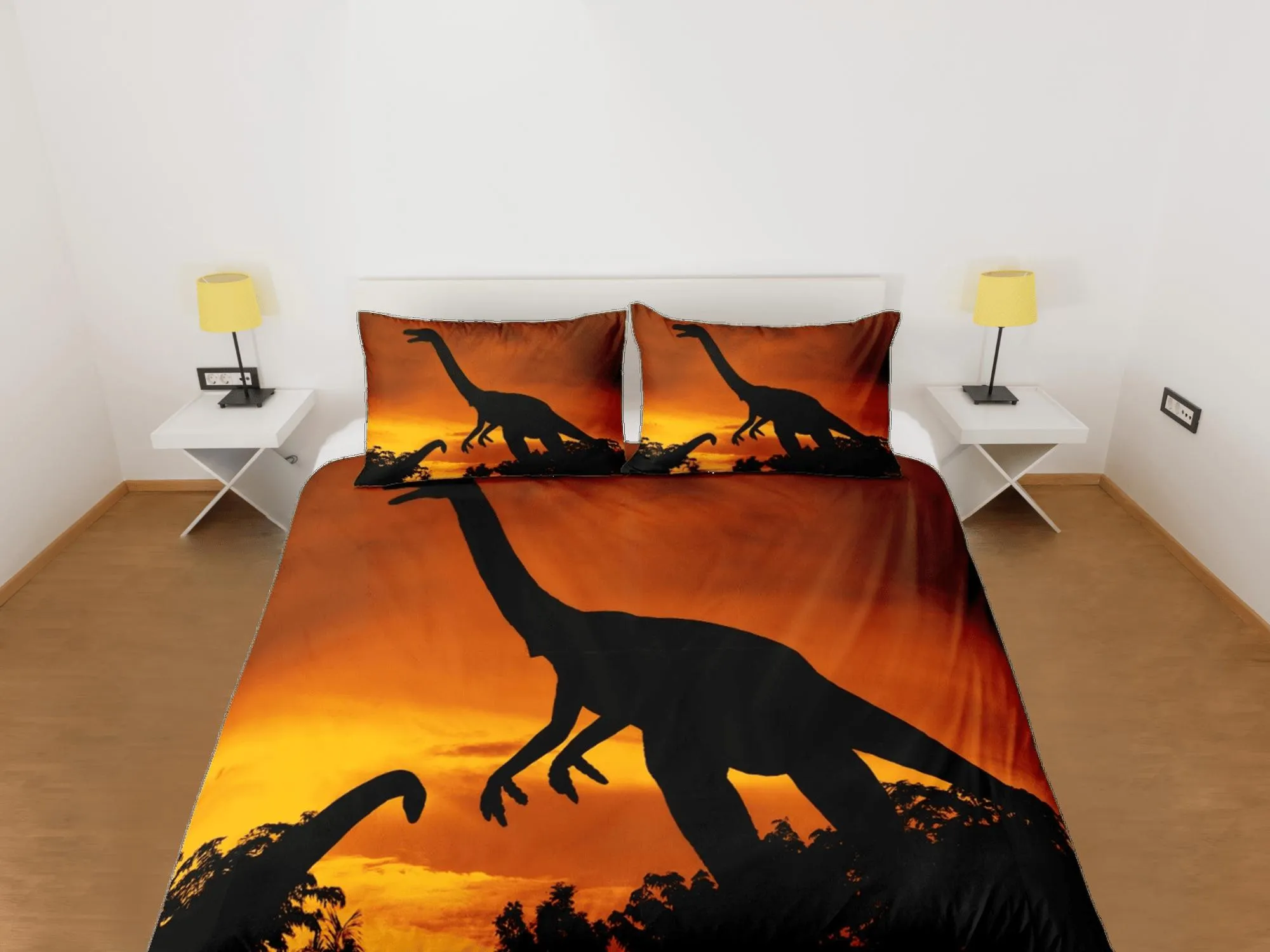 Diplodocus dinosaur orange bedding, adult duvet cover, dorm bedding, teen boys bedding set full, animal duvet cover set, dinosaur gift