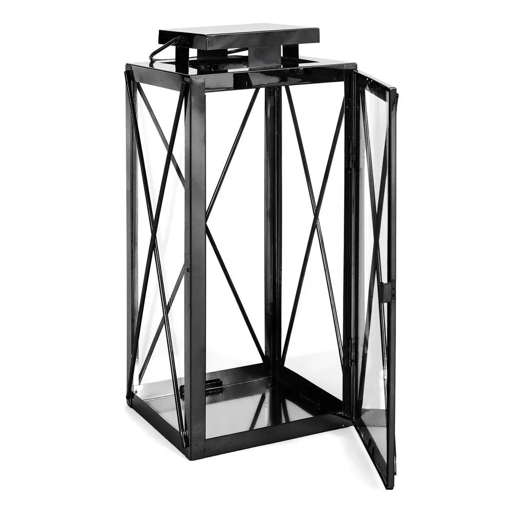 Eddie 14 Inch Lantern, Black Stainless Steel, X Frame Design, Wire Handle By Casagear Home