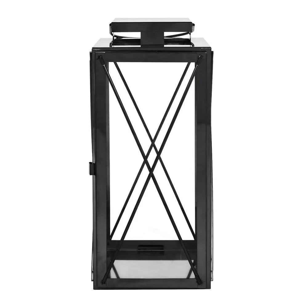 Eddie 14 Inch Lantern, Black Stainless Steel, X Frame Design, Wire Handle By Casagear Home