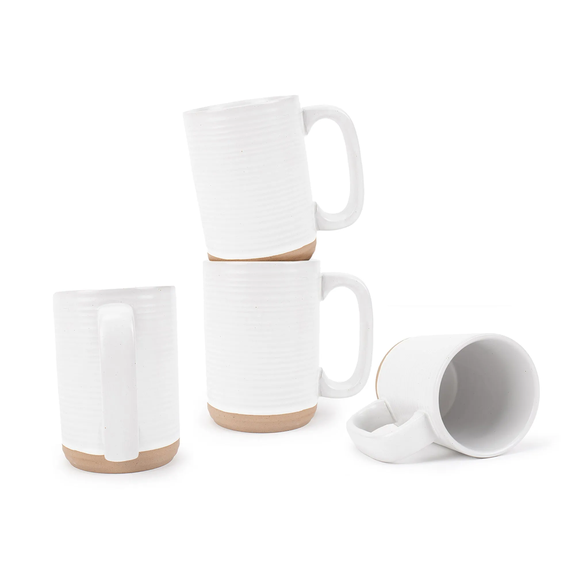 Elanze Designs Tall Ribbed Raw Clay Bottom White 16 ounce Ceramic Coffee Mugs Set of 4