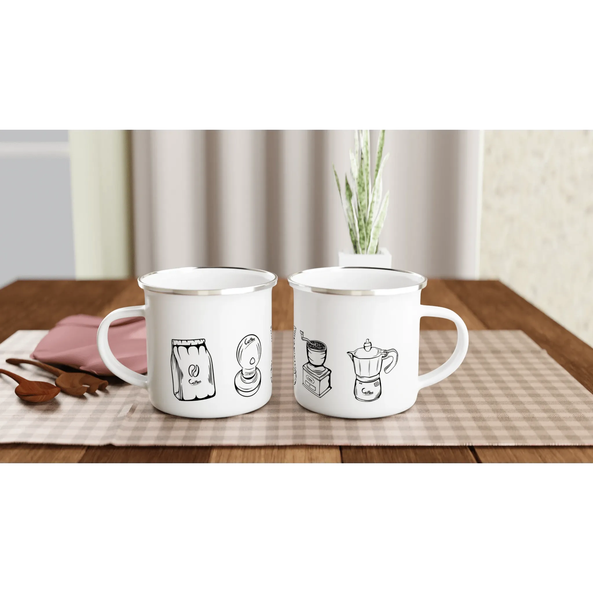 Enamel Mug with Coffee Equipment Doodle Design