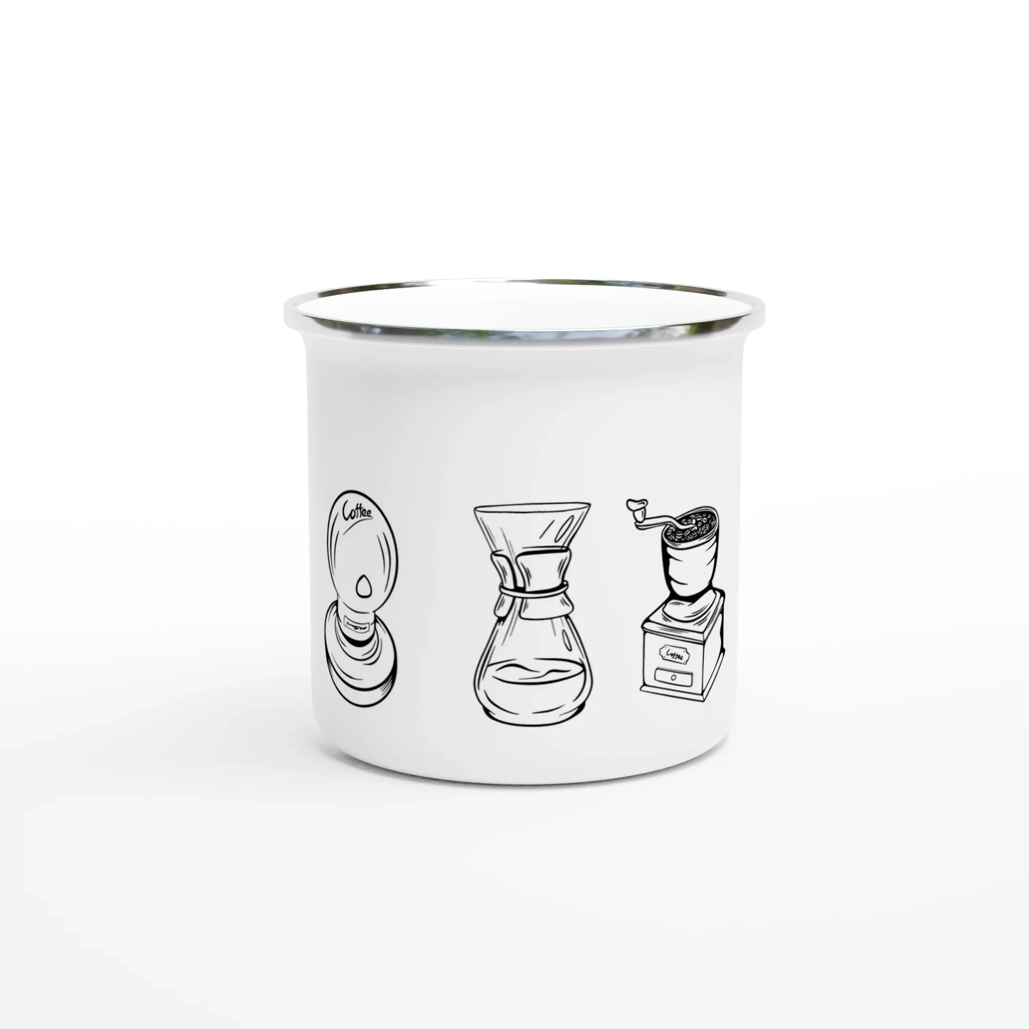 Enamel Mug with Coffee Equipment Doodle Design