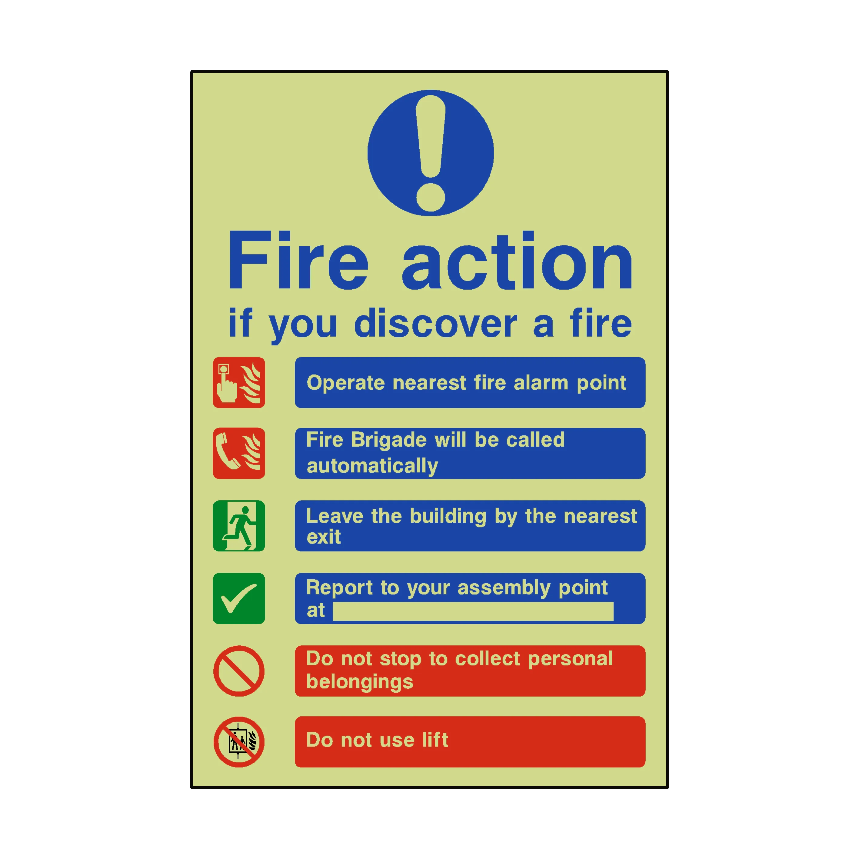 Fire Action Lift & Automatic Alarm Photoluminescent Sticker