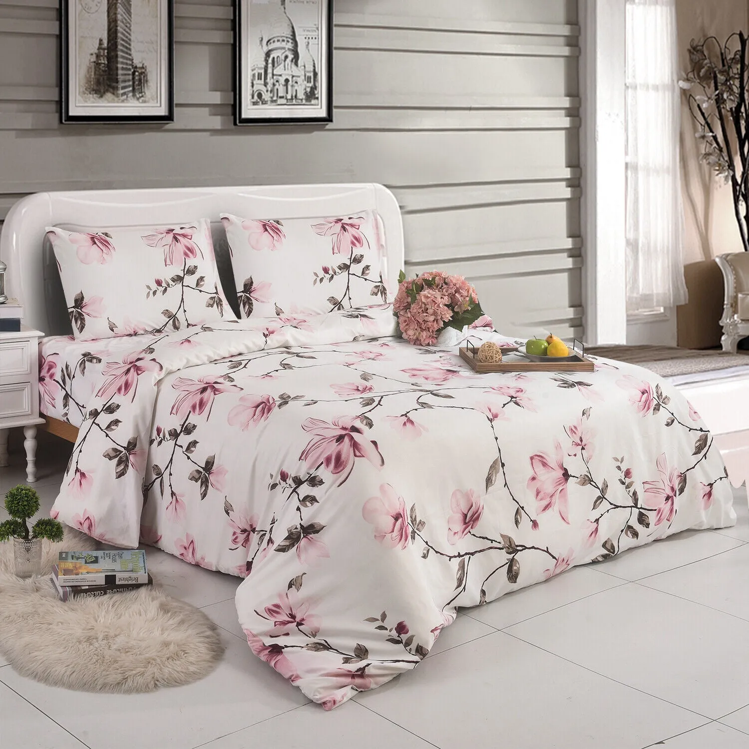 Floral Duvet Cover Printed Complete Bedding Set Fitted Sheet & 2 Pillowcase