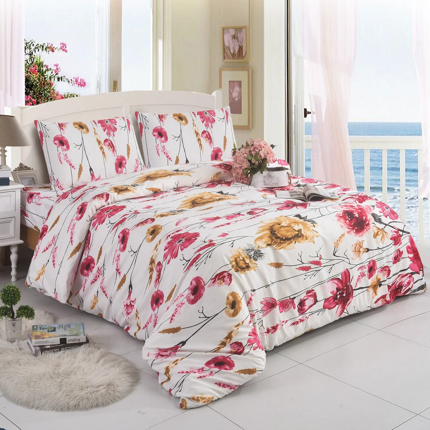 Floral Duvet Cover Printed Complete Bedding Set Fitted Sheet & 2 Pillowcase