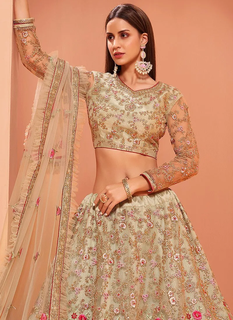 Floral Embroidered Pastel Beige Bridal Lehenga Choli