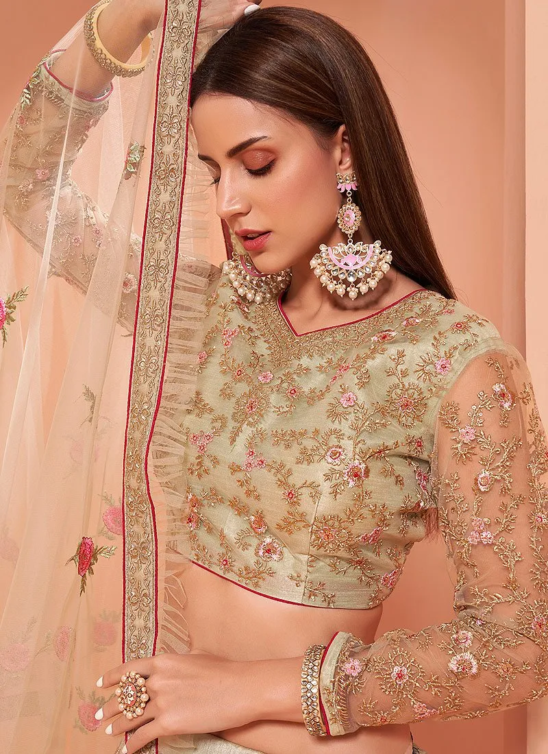 Floral Embroidered Pastel Beige Bridal Lehenga Choli