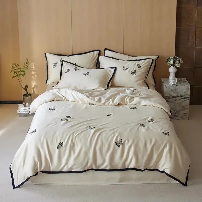 FLYTONN-Premium Elegant Butterfly Embroidery Bedding set French Romantic Nature Soft Silky Lyocell Duvet Cover Bed Sheet Pillowcases