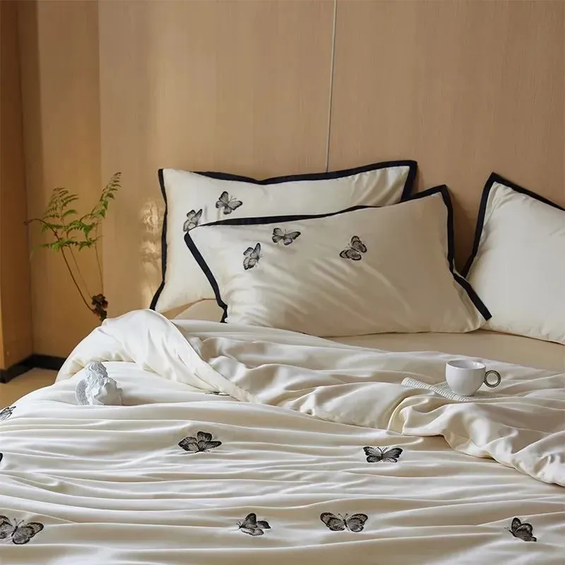 FLYTONN-Premium Elegant Butterfly Embroidery Bedding set French Romantic Nature Soft Silky Lyocell Duvet Cover Bed Sheet Pillowcases