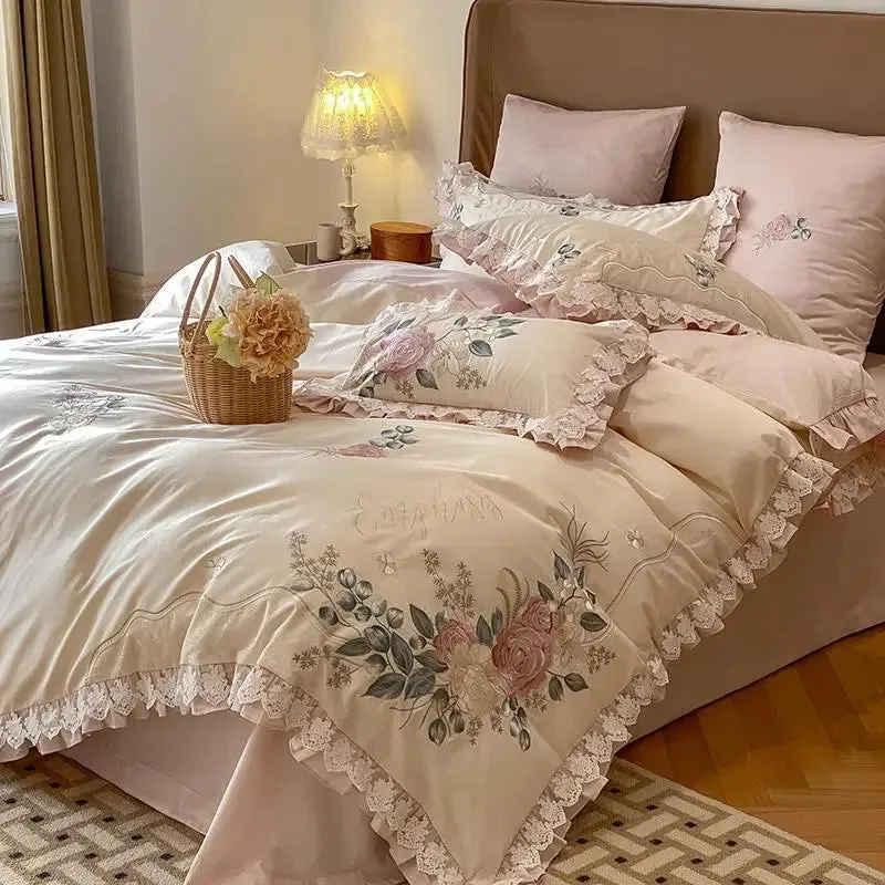 FLYTONN-Purple Flowers Embroidery Chic Lace Duvet Cover Double Queen King 4Pcs 1000TC Egyptian Cotton Duvet Cover Bed Sheet Pillowcases