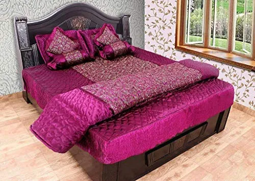 Generic Jaipuri Gold Paisley Printed Satin Wedding Bedding Double Bed ??? Bedsheet Set for Bed Room, Hotel, Home, and Living Room ?????? ??? ??? (Set of 8 pcs), (Purple)