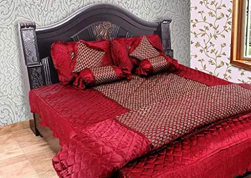 Generic Satin Luxury Gold Paisley Printed King Size Double Bed Wedding Bedding Bedsheet Set ??? with 2 Pillow Cover, 2 Cushions, 2 Filled Bolsters and 1 AC Comfortar for Home & Living Room (Red)