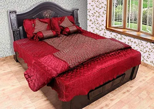 Generic Satin Luxury Gold Paisley Printed King Size Double Bed Wedding Bedding Bedsheet Set ??? with 2 Pillow Cover, 2 Cushions, 2 Filled Bolsters and 1 AC Comfortar for Home & Living Room (Red)