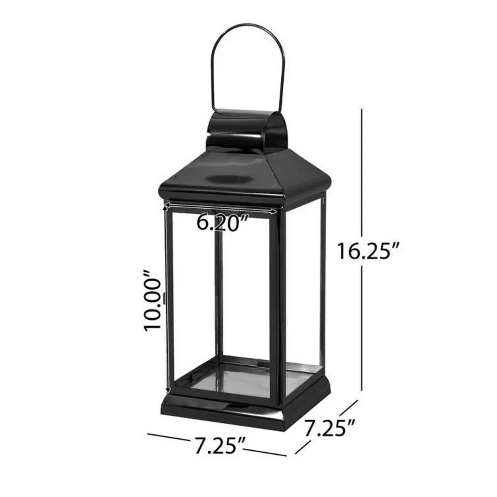 Giana 16 Inch Lantern, Square Black Stainless Steel Frame, Tempered Glass By Casagear Home