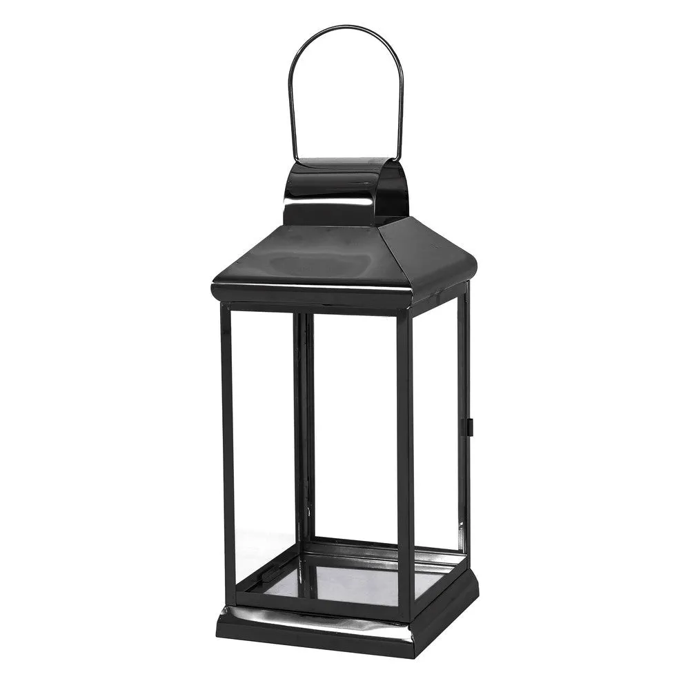 Giana 16 Inch Lantern, Square Black Stainless Steel Frame, Tempered Glass By Casagear Home