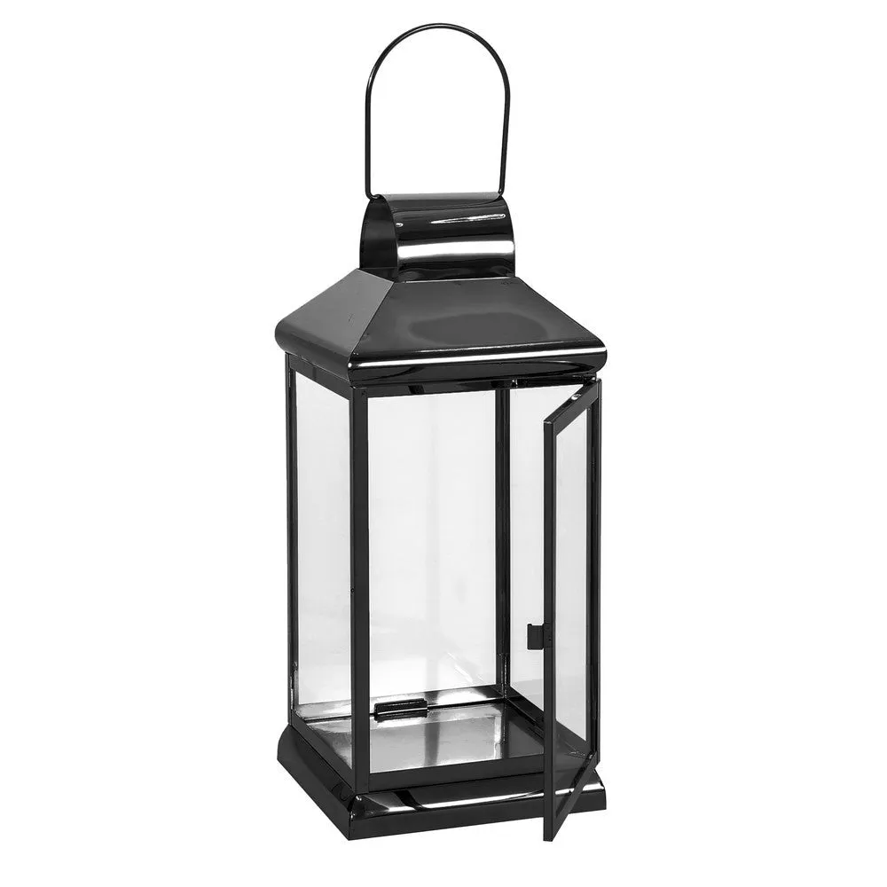 Giana 16 Inch Lantern, Square Black Stainless Steel Frame, Tempered Glass By Casagear Home