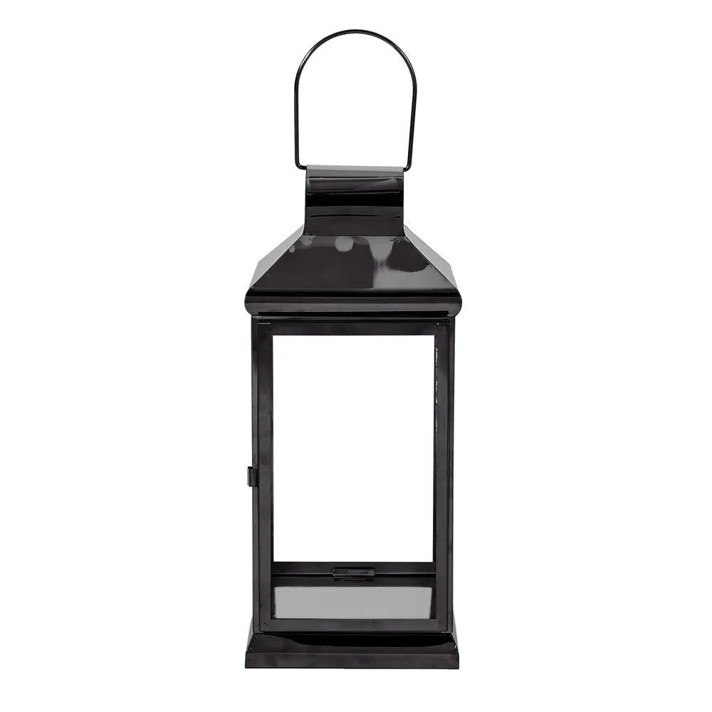 Giana 16 Inch Lantern, Square Black Stainless Steel Frame, Tempered Glass By Casagear Home