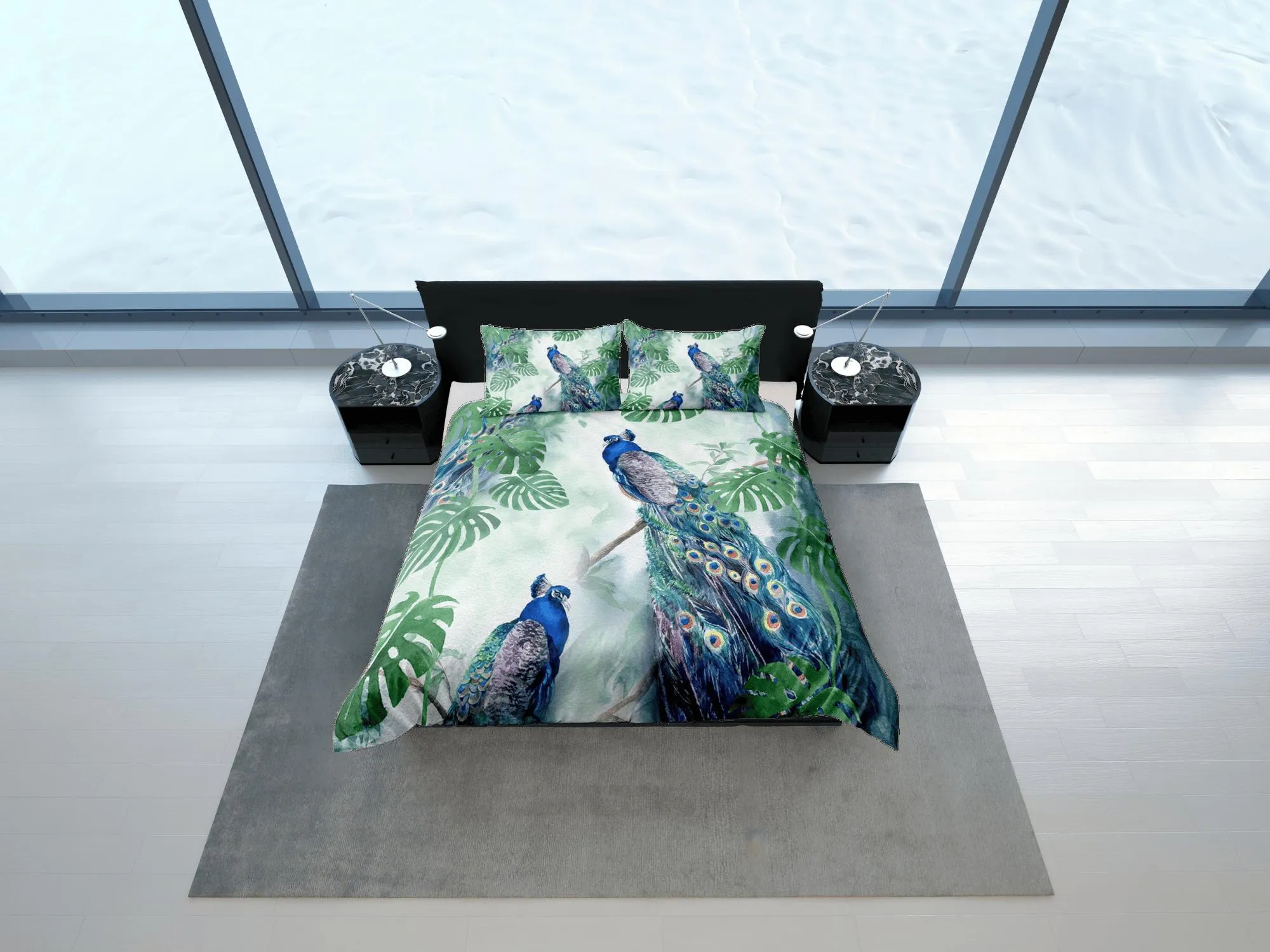 green duvet peacock decor aesthetic bedding set full, luxury duvet cover queen, king, boho duvet, designer bedding, maximalist bedspread