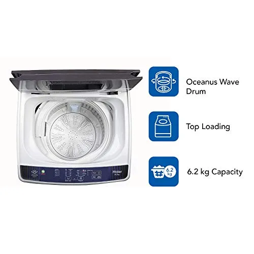 Haier 6.2 Kg Fully-Automatic Top Loading Washing Machine (HWM62-AE, White with Blue lid)