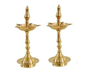 Hashcart Kerala Traditional Brass Diya Lamp (12.7 cm X 12.7 cm X 30.48 cm, Gold, Set of 2)