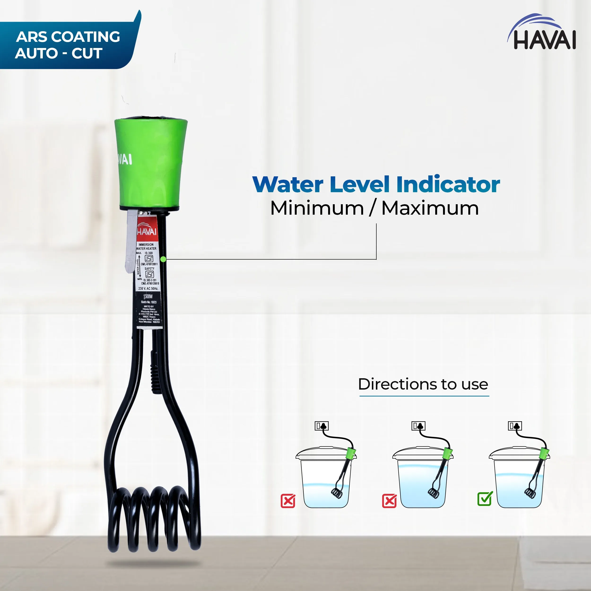 Havai Immersion Rod with ARS Coating | Salt Water Protection | Waterproof| Smart Auto Cut Feature | ISI Certified 3 Pin Powerchord | Model Green Handle | 1 Year Replacement Warranty (2000, Watts)