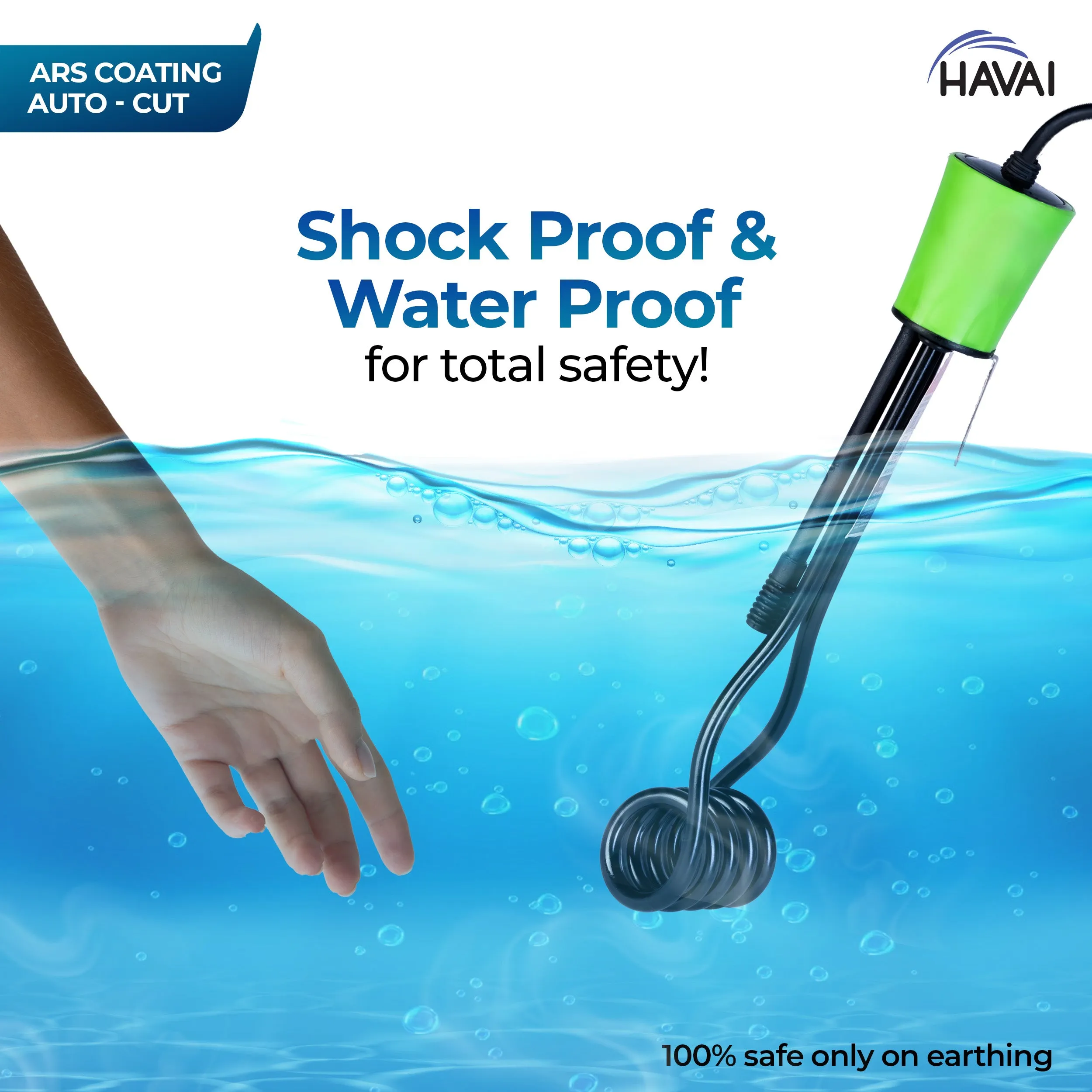 Havai Immersion Rod with ARS Coating | Salt Water Protection | Waterproof| Smart Auto Cut Feature | ISI Certified 3 Pin Powerchord | Model Green Handle | 1 Year Replacement Warranty (2000, Watts)