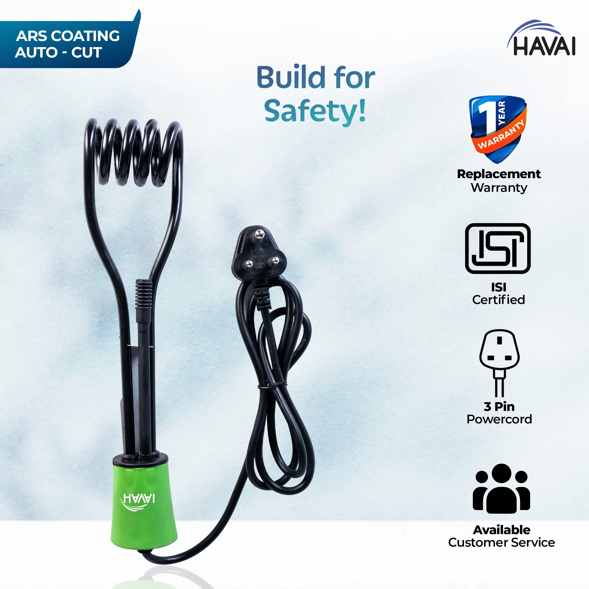 Havai Immersion Rod with ARS Coating | Salt Water Protection | Waterproof| Smart Auto Cut Feature | ISI Certified 3 Pin Powerchord | Model Green Handle | 1 Year Replacement Warranty (2000, Watts)