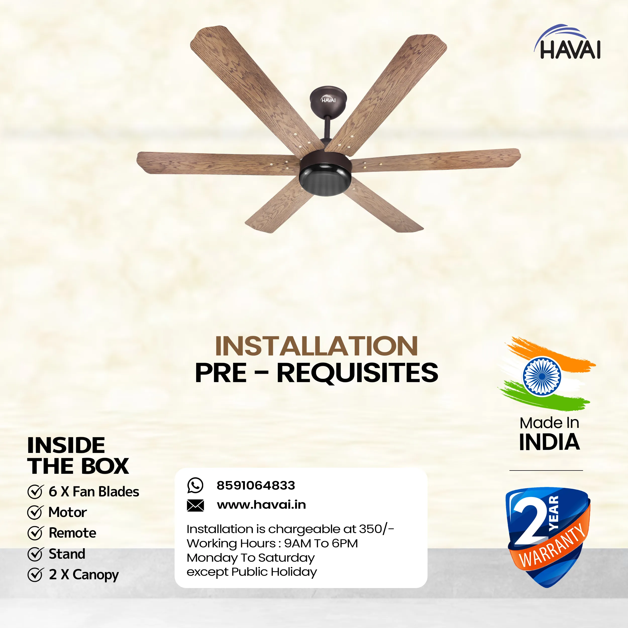 HAVAI Pristine Wooden Range BLDC Ceiling Fan - 6 Blades - 35W, Ashwood 1200mm Blade with Remote (BLACK 0.5 LED)…