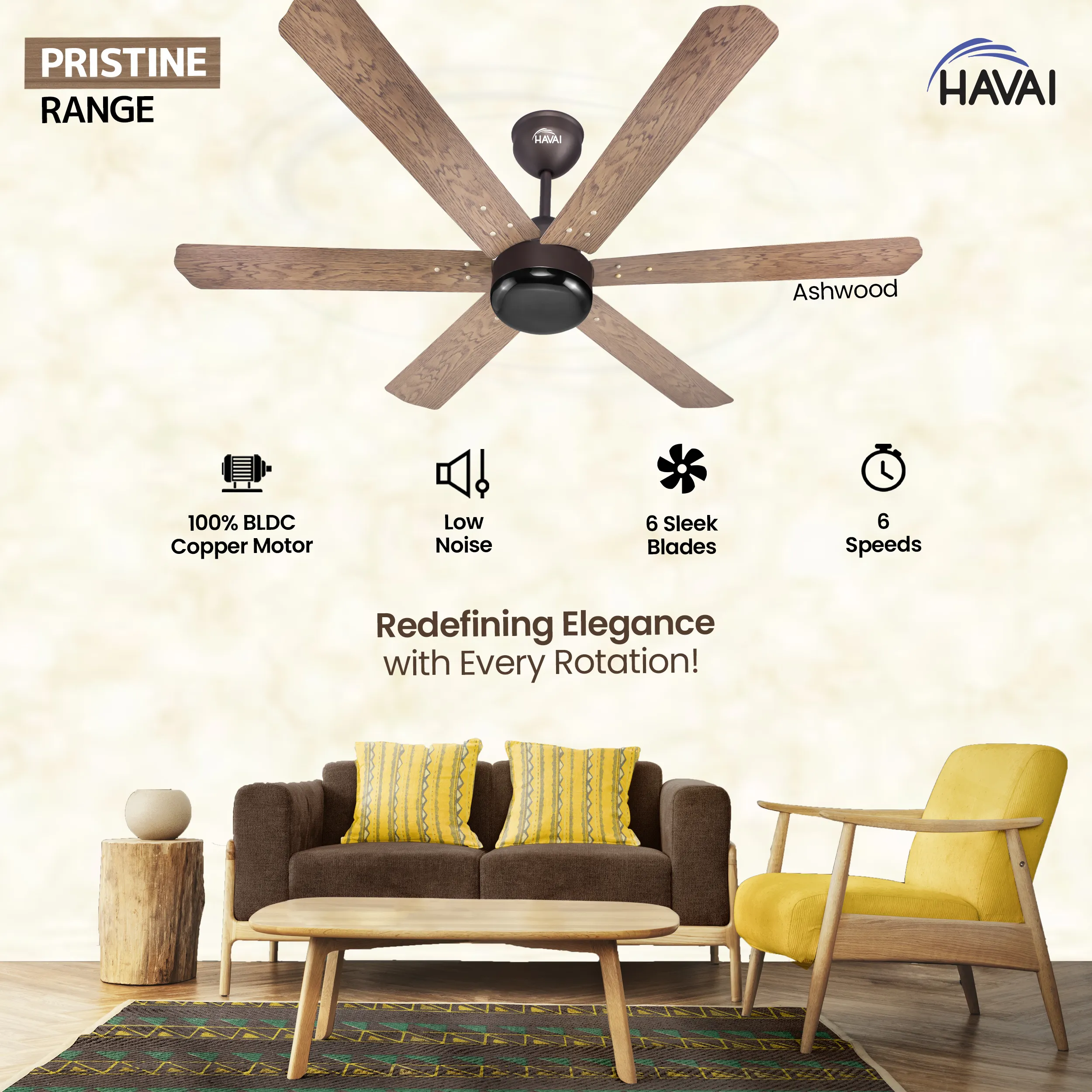 HAVAI Pristine Wooden Range BLDC Ceiling Fan - 6 Blades - 35W, Ashwood 1200mm Blade with Remote (BLACK 0.5 LED)…